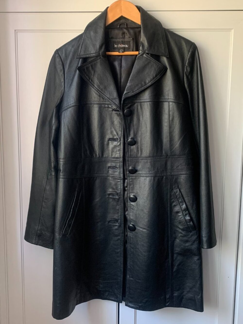 Vintage 90s Y2K Le Château Classic Black leather trench coat Size M